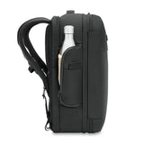 Briggs & Riley Baseline medium convertible backpack with water bottle pocket, black nylon material, and multiple compartments.