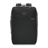 Briggs & Riley Baseline medium convertible backpack with front zipper pocket, adjustable straps, and sleek black design.