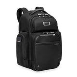 Briggs & Riley @work large cargo backpack with multiple compartments, padded shoulder straps, and durable black nylon material.