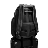 Briggs & Riley @work large cargo backpack with multiple compartments and pass-through sleeve, black nylon material, ergonomic design.