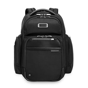Briggs & Riley @work large cargo backpack with multiple compartments, front zipper pocket, padded straps, and durable black fabric.
