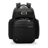Black Briggs & Riley @work medium cargo backpack showing multiple compartments and padded straps for comfortable carrying.
