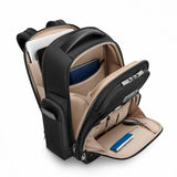 Black Briggs & Riley @work medium cargo backpack with multiple compartments and padded shoulder straps for daily use.