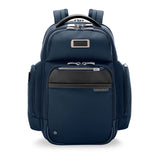 Black Briggs & Riley @work medium cargo backpack with multiple compartments and padded straps for comfortable carrying.