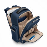 Black Briggs & Riley @work medium cargo backpack with multiple compartments and padded shoulder straps for comfortable carrying.