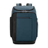 Black Briggs & Riley ZDX U-Zip Travel Backpack with multiple compartments and padded shoulder straps for comfortable travel.