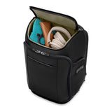 Black Briggs & Riley ZDX U-Zip Travel Backpack with multiple compartments and padded shoulder straps for comfortable travel.