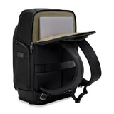 Black Briggs & Riley ZDX U-Zip Travel Backpack with multiple compartments and padded shoulder straps for comfortable carrying.