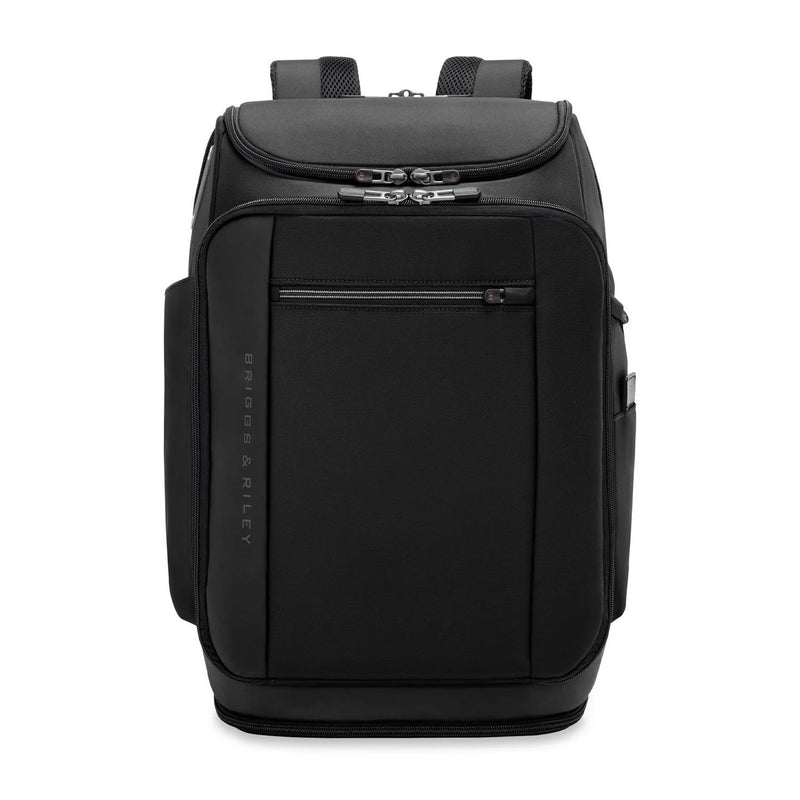 Black Briggs & Riley ZDX U-Zip travel backpack with multiple compartments and padded straps for comfortable carrying.