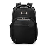 Briggs & Riley @work medium backpack with multiple compartments and padded straps, front view showing sleek black design.