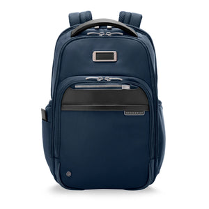 Briggs & Riley @work medium backpack in black, front view showing multiple compartments and sturdy straps for daily use.