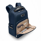 Interior organizer section of Briggs & Riley @work medium backpack showing compartments and storage pockets for organization.