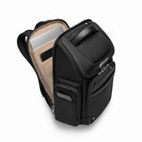 Briggs & Riley @work medium wide-mouth backpack interior with padded laptop compartment and organized storage space.