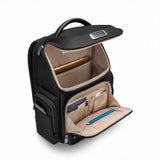 Briggs & Riley @work medium wide-mouth backpack interior showing main compartment with organized pockets and padded laptop sleeve.