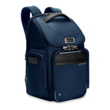 Briggs & Riley @work medium wide-mouth backpack shown from an angled side view, featuring durable fabric and multiple compartments.