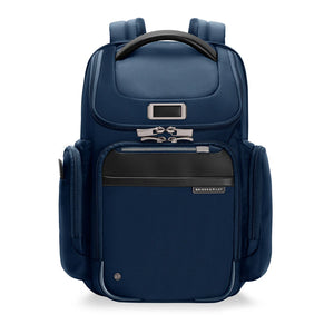 Briggs & Riley @work medium wide-mouth backpack showing front view with adjustable straps and multiple compartments.