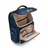 Briggs & Riley @work medium wide-mouth backpack interior showing main compartment with organized pockets and padded laptop sleeve.