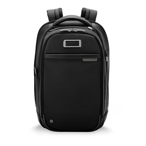 Briggs & Riley @work slim backpack with multiple compartments, black fabric, front zipper pocket, and padded shoulder straps.