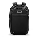 Briggs & Riley @work slim backpack with multiple compartments, black fabric, front zipper pocket, and padded shoulder straps.
