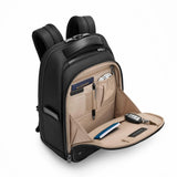 Interior view of Briggs & Riley @work Slim Backpack showing organized compartments and padded laptop sleeve.