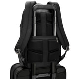 Briggs & Riley @work slim backpack with pass-through luggage sleeve, black fabric, multiple compartments and padded shoulder straps.