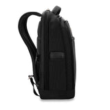 Briggs & Riley @work slim backpack shown from side view, featuring sleek design, multiple compartments, and padded shoulder straps.