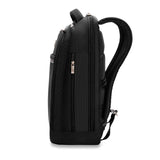 Briggs & Riley @work slim backpack shown from the side, with sleek design and adjustable shoulder straps, ideal for organized commuting.