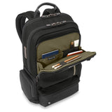 Briggs & Riley large cargo backpack with multiple compartments and padded straps for comfortable carrying.