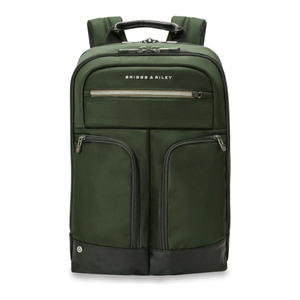 Black Briggs & Riley H-T-A Slim Expandable Backpack with multiple compartments and padded laptop sleeve for travel and daily use.