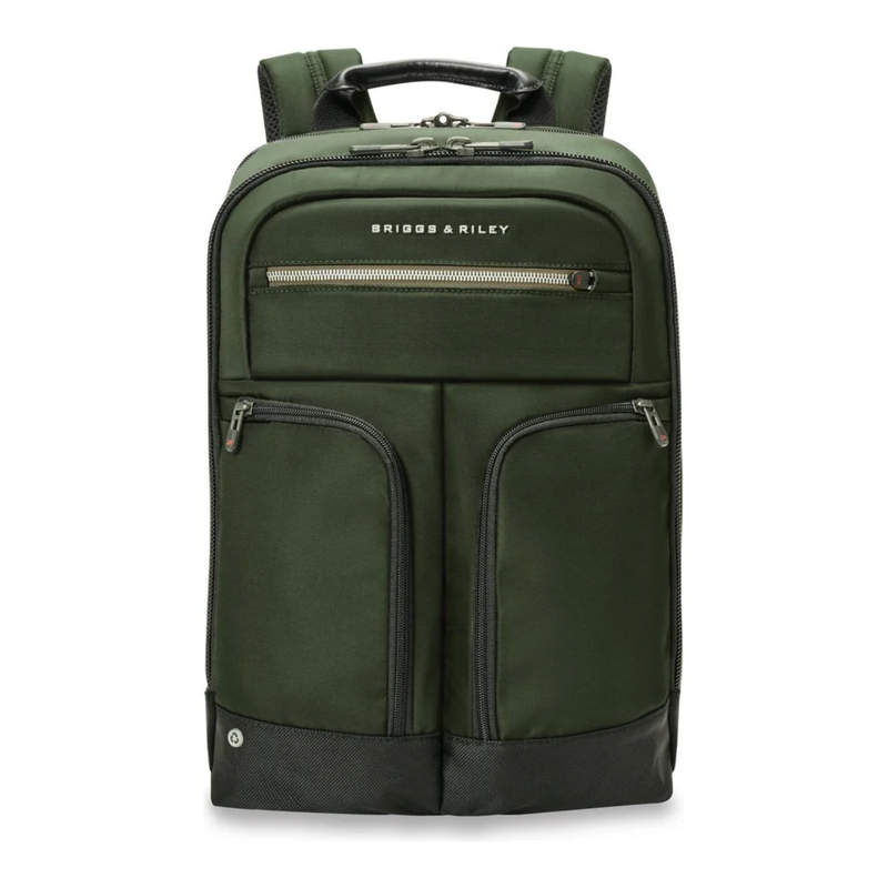Black Briggs & Riley H-T-A Slim Expandable Backpack with multiple compartments and padded laptop sleeve for travel and daily use.