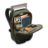Black Briggs & Riley H-T-A slim expandable backpack with multiple compartments and padded straps for comfort and organization.