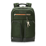 Black Briggs & Riley H-T-A slim expandable backpack with multiple compartments and padded shoulder straps for comfortable carrying.