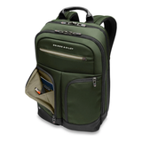 Black Briggs & Riley H-T-A slim expandable backpack with multiple compartments and padded shoulder straps for comfortable carrying.