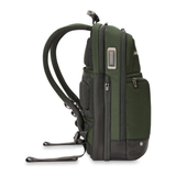 Black Briggs & Riley H-T-A Slim Expandable Backpack with multiple compartments and padded shoulder straps, designed for travel and daily use.