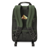 Black Briggs & Riley H-T-A slim expandable backpack with multiple compartments and padded shoulder straps for travel and daily use.
