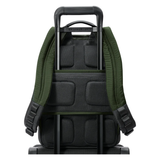 Black Briggs & Riley H-T-A slim expandable backpack with multiple compartments and padded shoulder straps for travel and daily use.