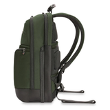 Black Briggs & Riley H-T-A slim expandable backpack with multiple compartments and padded shoulder straps for travel and daily use.