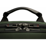 Black Briggs & Riley H-T-A slim expandable backpack with multiple compartments and padded straps for comfortable carrying.