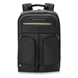 Black Briggs & Riley H-T-A slim expandable backpack with multiple compartments and padded shoulder straps for comfortable carrying.