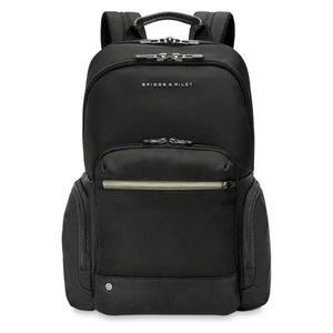 Briggs & Riley HTA medium cargo backpack showing padded shoulder straps, multiple compartments, and durable black nylon material.