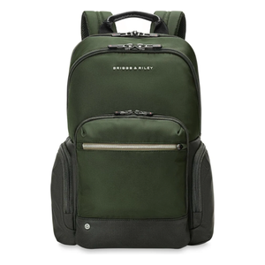 Briggs & Riley HTA medium cargo backpack showing front compartments and adjustable shoulder straps.