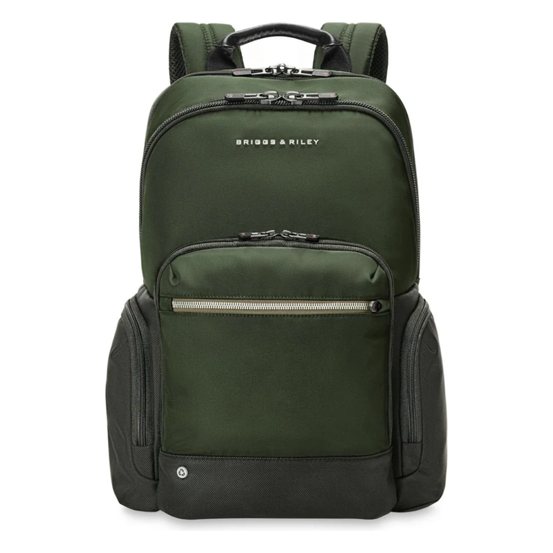 Briggs & Riley HTA medium cargo backpack showing front compartments and adjustable shoulder straps.