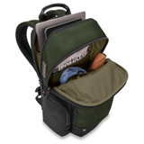 Briggs & Riley HTA medium cargo backpack with multiple compartments, padded straps, and sleek black design.
