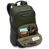 Briggs & Riley HTA Medium Cargo Backpack shown in black with multiple compartments and padded shoulder straps.