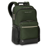 Briggs & Riley HTA Medium Cargo Backpack showing multiple compartments, padded shoulder straps, and durable black fabric.
