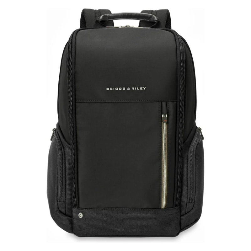 Briggs & Riley HTA Medium Widemouth Backpack shown with multiple compartments and padded shoulder straps for travel and daily use.