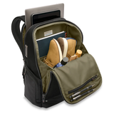 Briggs & Riley HTA medium widemouth backpack with multiple compartments and padded shoulder straps, designed for versatile travel use.