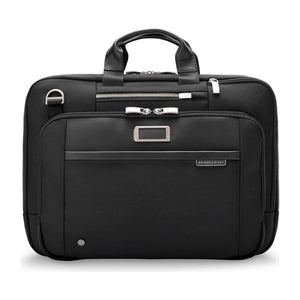 Briggs & Riley @Work large expandable briefcase with multiple compartments and padded laptop sleeve, black leather design.