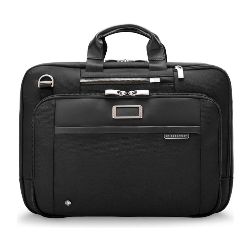 Briggs & Riley @Work large expandable briefcase with multiple compartments and padded laptop sleeve, black leather design.