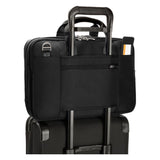 Briggs & Riley @Work medium expandable briefcase with multiple compartments and padded laptop section, black nylon exterior.